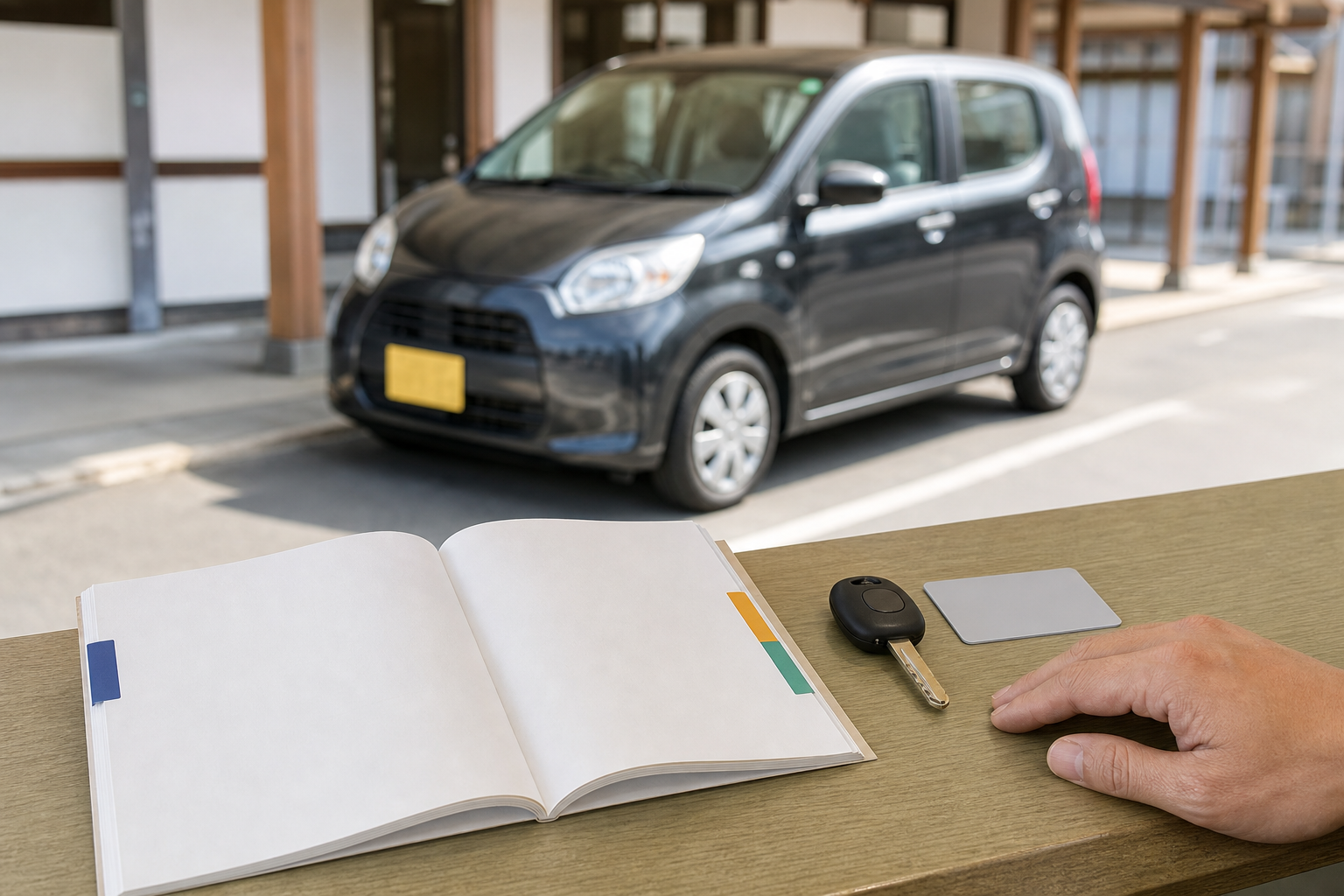 Blank permit booklet with colored edge tabs, an unbranded car key and a stationary compact rental car