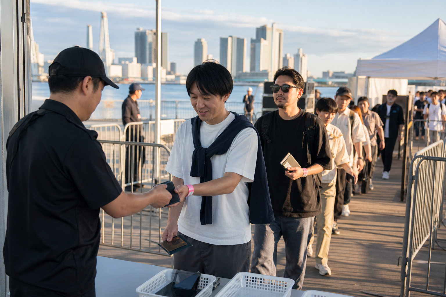 Adult festival attendees show an intact wristband and original ID at re-entry