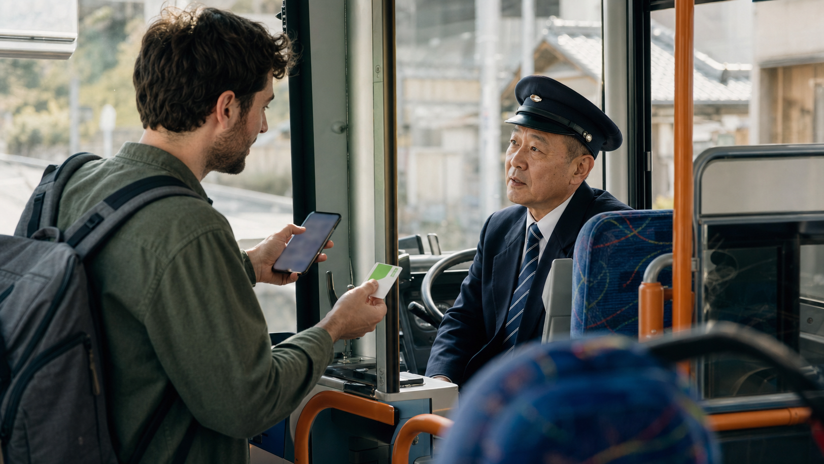 Traveler showing a destination and IC card to a Japanese bus driver