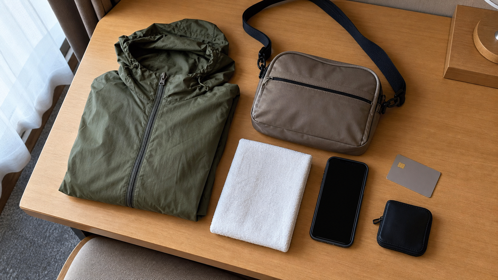 Compact rain jacket, phone, payment card and small day bag for an autumn festival