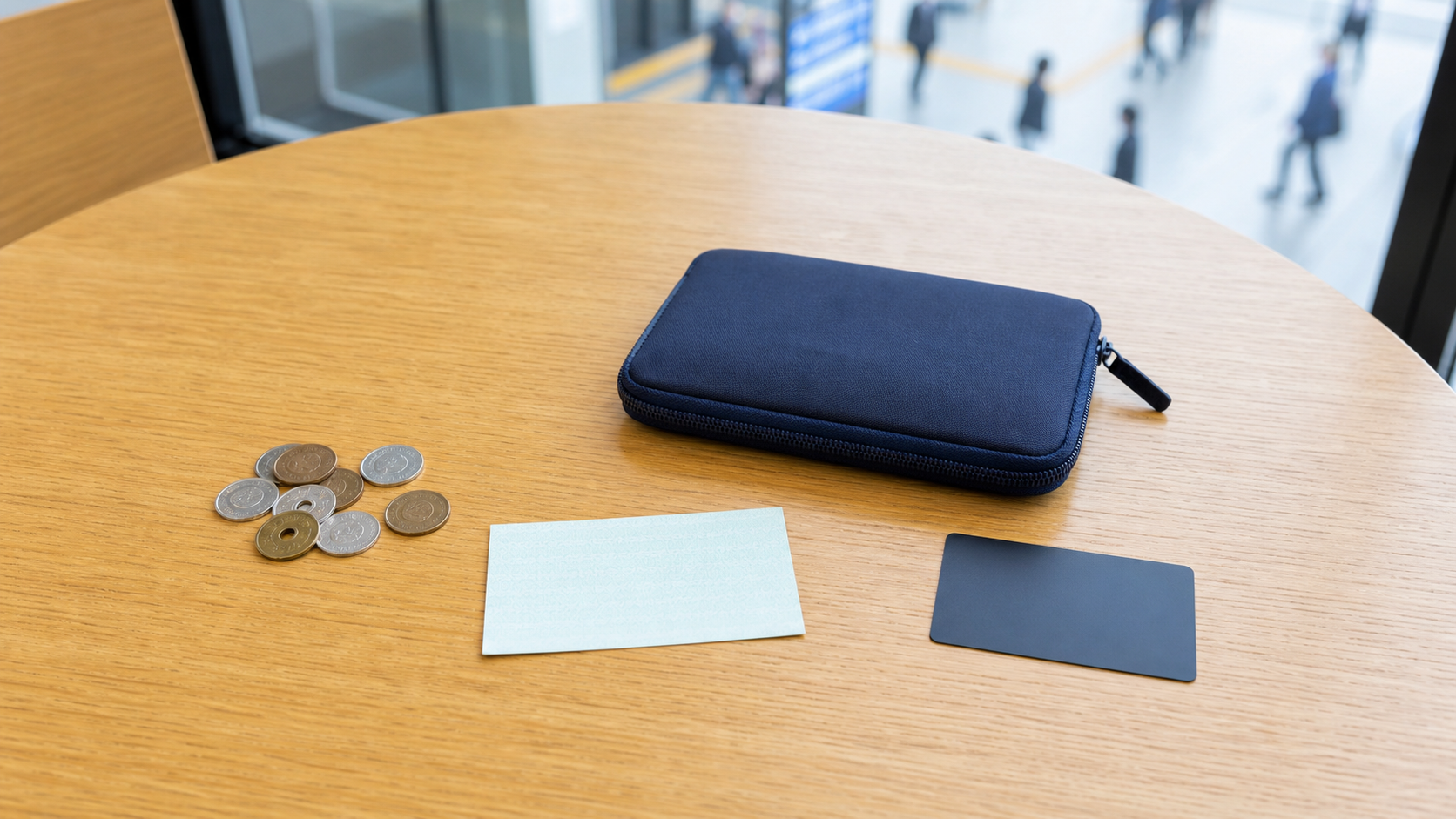 Japanese yen coins, a paper ticket, passport pouch and separate bank card on a station table