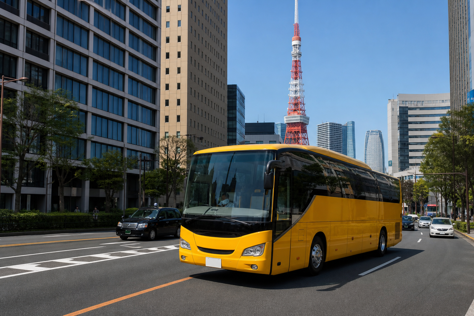 Yellow sightseeing coach traveling through central Tokyo near Tokyo Tower