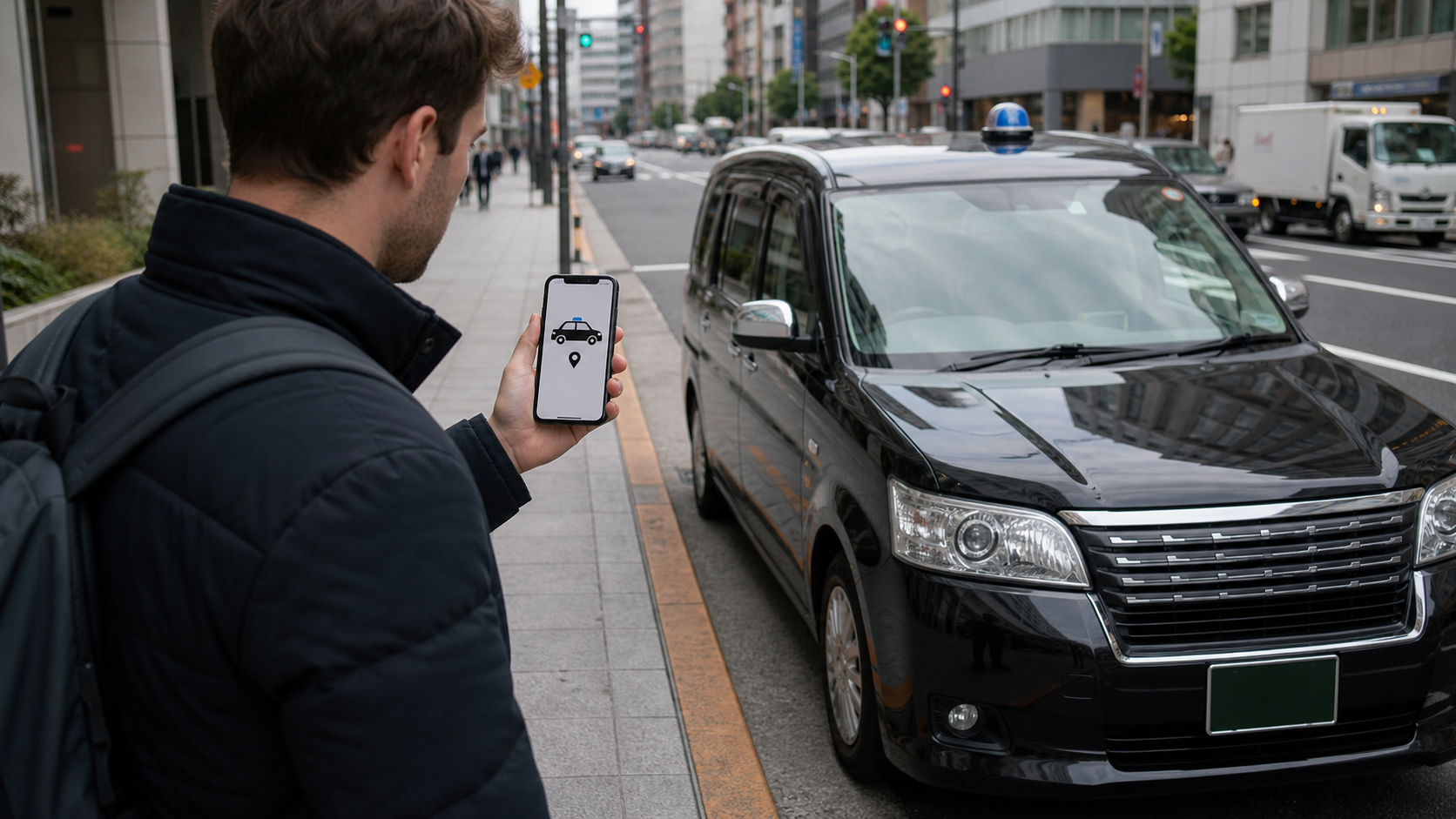 Traveler confirming the assigned vehicle before entering a Japanese taxi