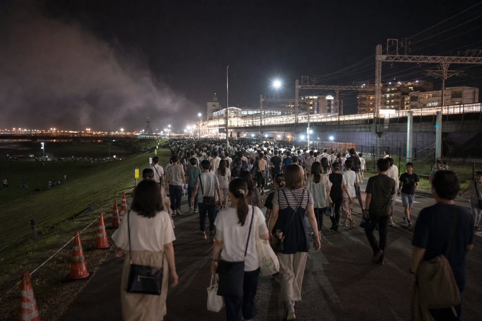 Orderly crowd walking from a riverside fireworks venue toward the station