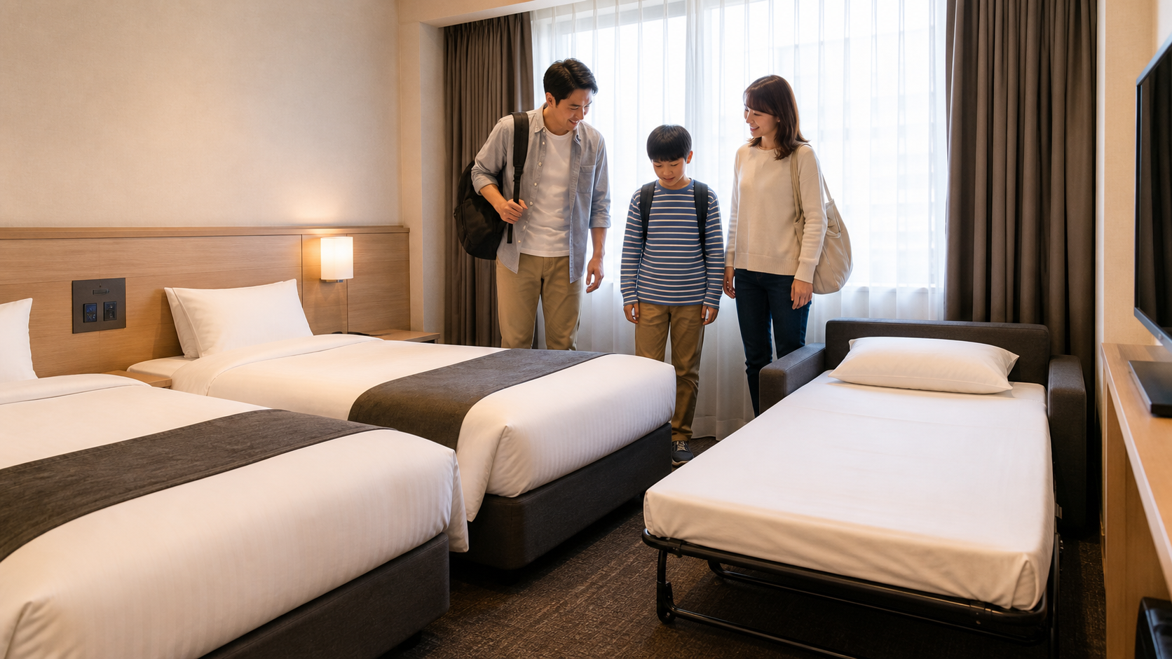 Family examining a Japanese hotel room with two fixed beds and one extra sleeping arrangement