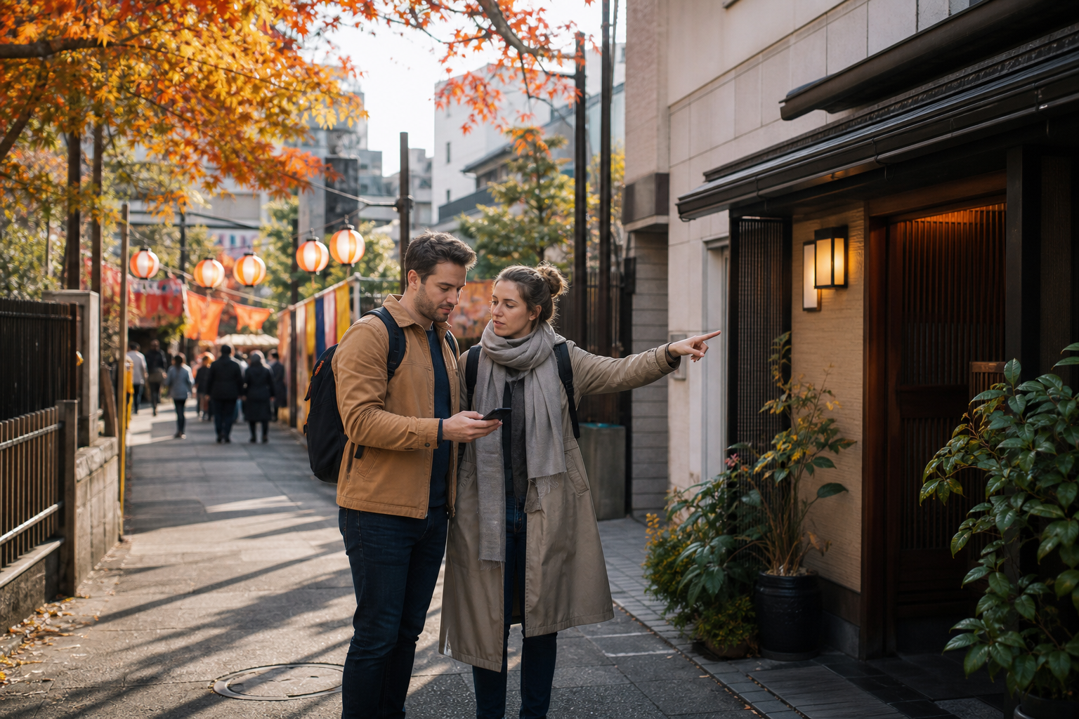 Travelers choosing between an autumn festival visit and a separate restaurant meal