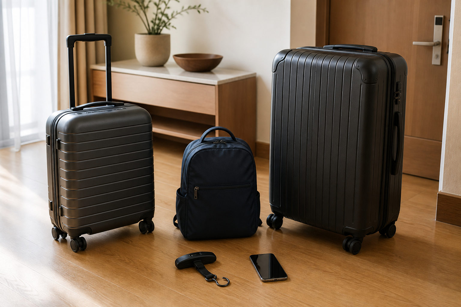 Cabin bag, personal item and checked suitcase arranged for a final baggage check