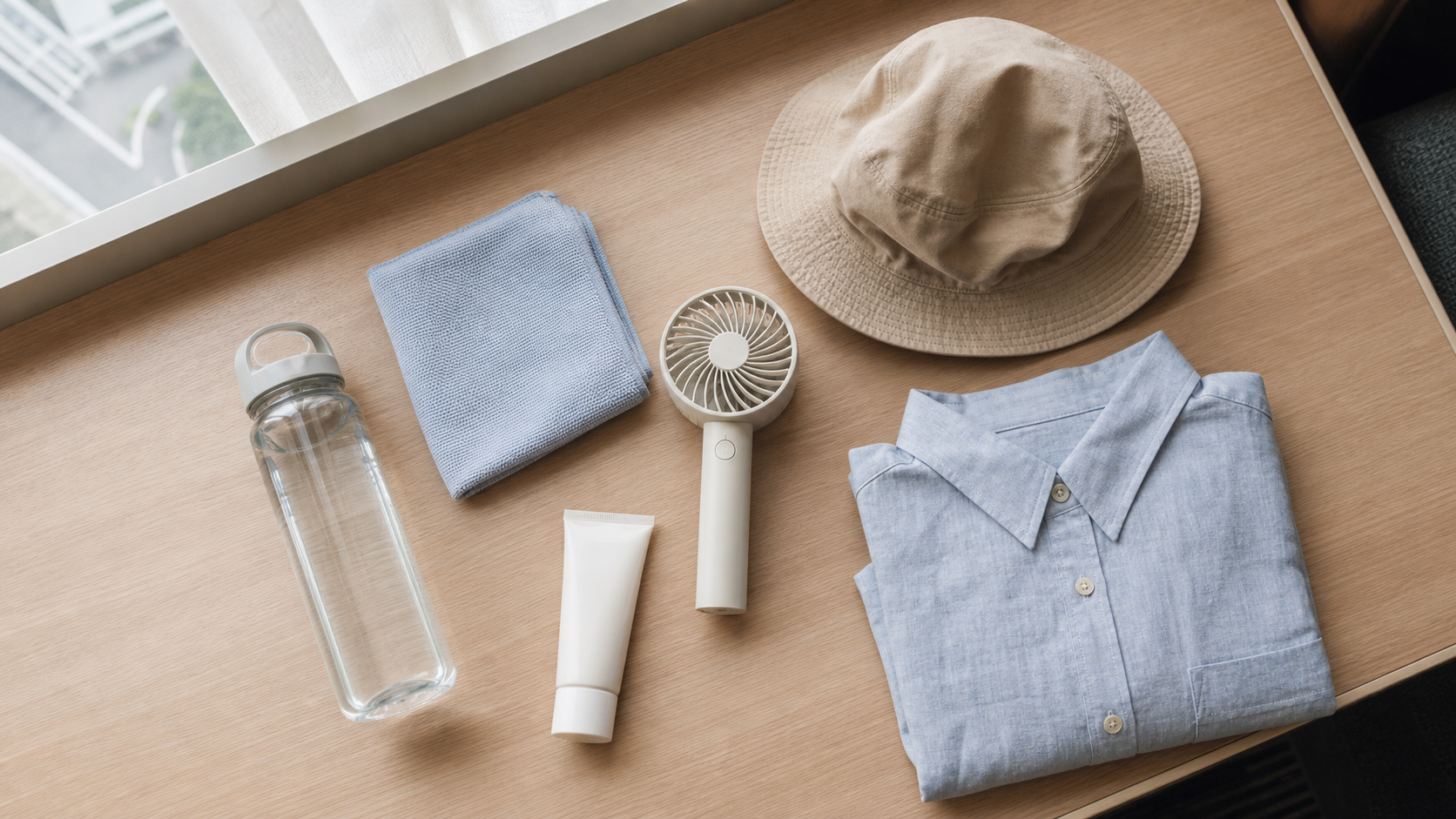 Water, a cooling towel, fan, hat, sunscreen and light shirt arranged for a summer event