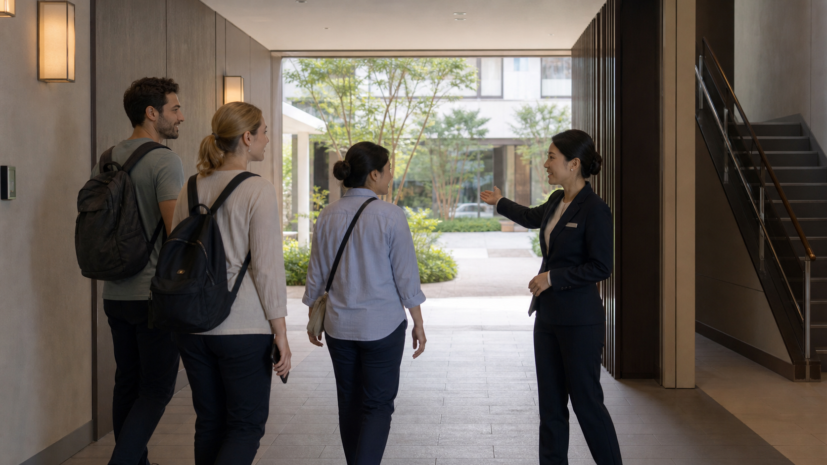 Hotel staff guiding international guests toward a safe outdoor assembly area