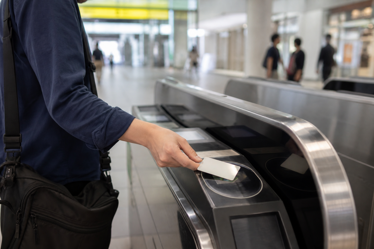 Traveler tapping a generic IC card at a Tokyo ticket gate as a point-to-point Plan B