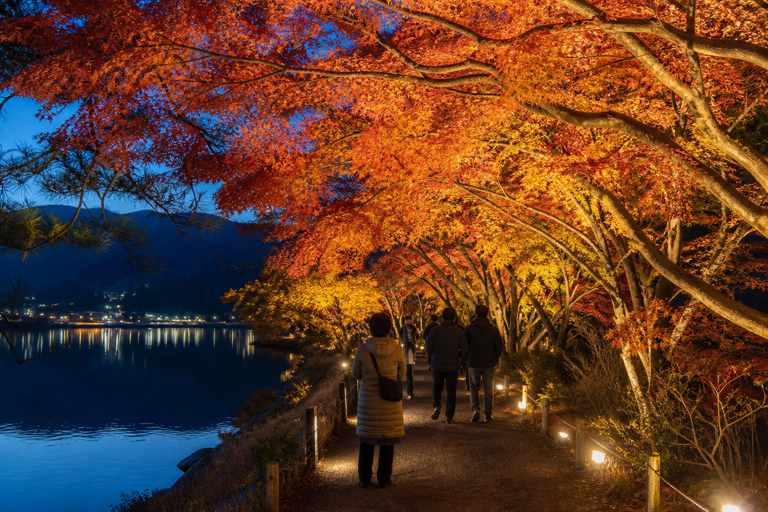 Travelers walking beneath illuminated autumn maple trees beside a Japanese lake