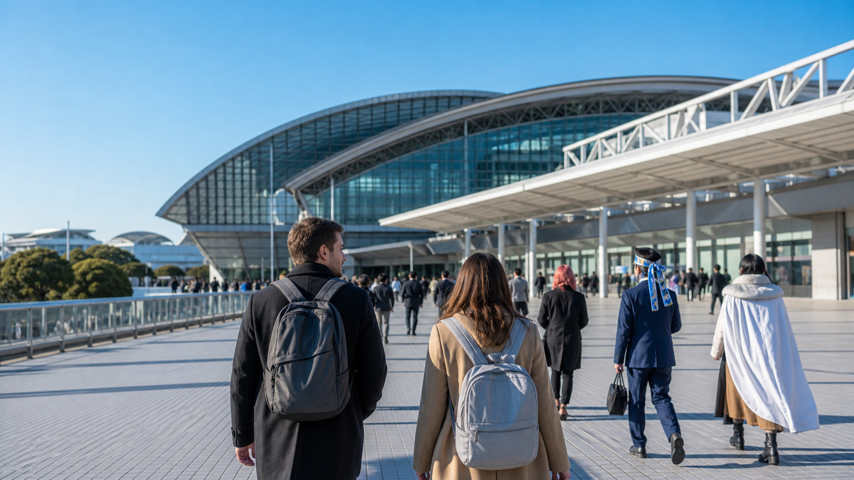 Travelers approaching a large Makuhari exhibition complex in winter daylight