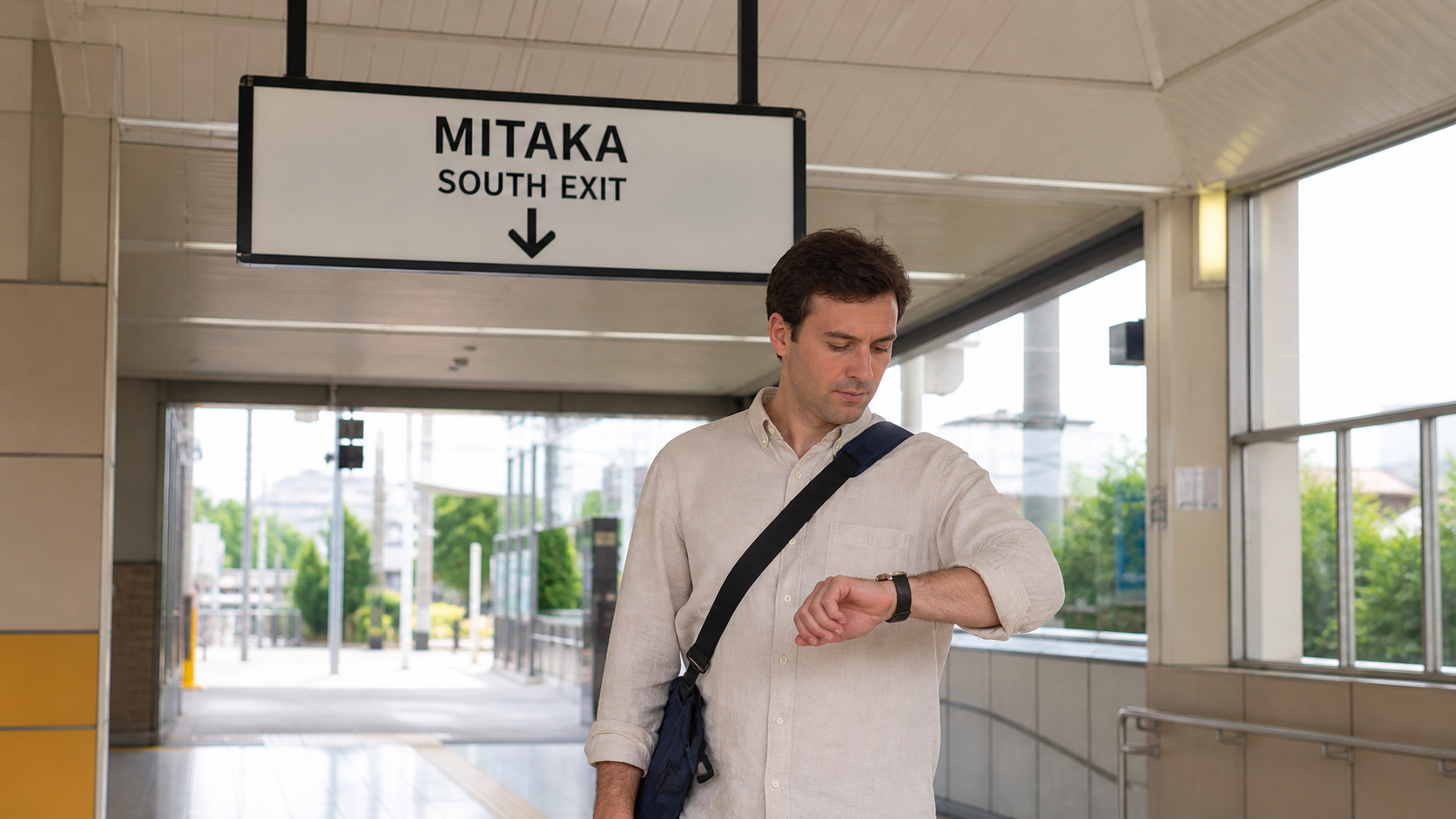 Traveler checking the time below a Mitaka south exit sign