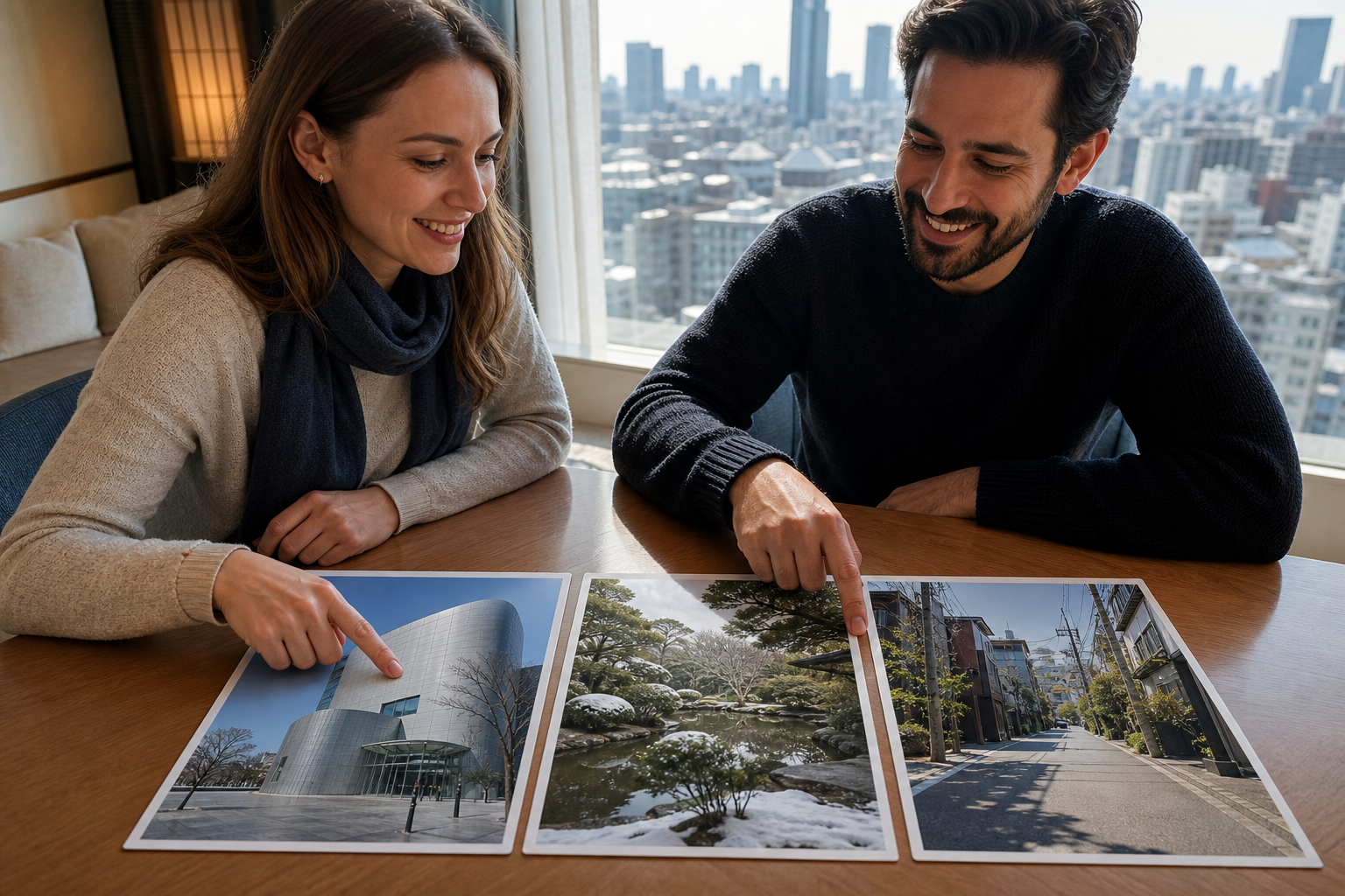 Illustrative winter Tokyo Plan B day with travelers reviewing alternatives