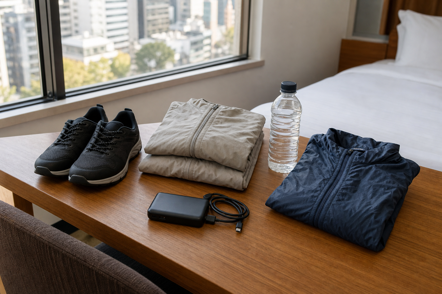 Walking shoes, light layers, water and a power bank prepared for a Tokyo festival