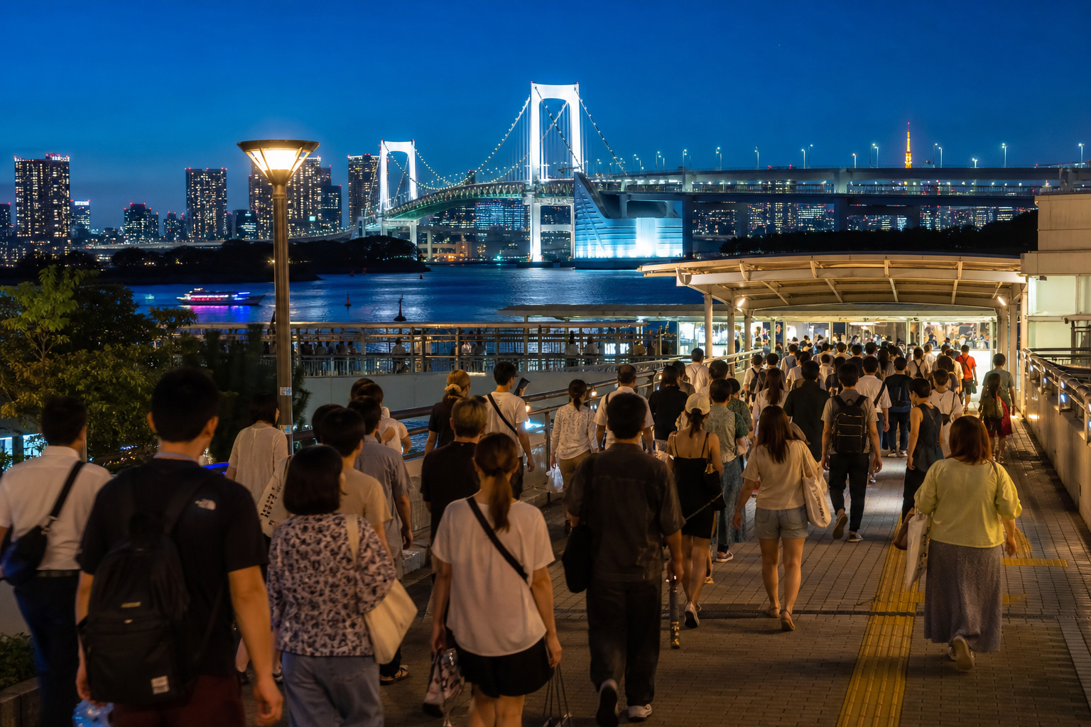Festivalgoers leave the Odaiba waterfront toward public transport after sunset