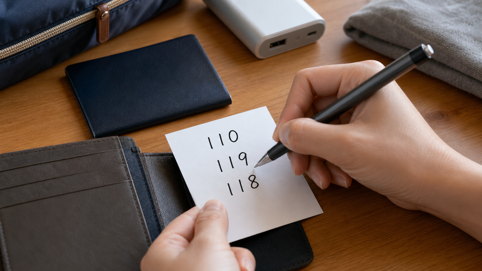 Traveler writing 110, 119 and 118 on a pocket-size emergency card