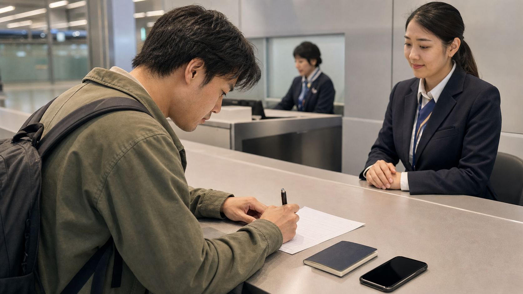 Traveler completing official paper immigration and customs forms at a staffed airport counter