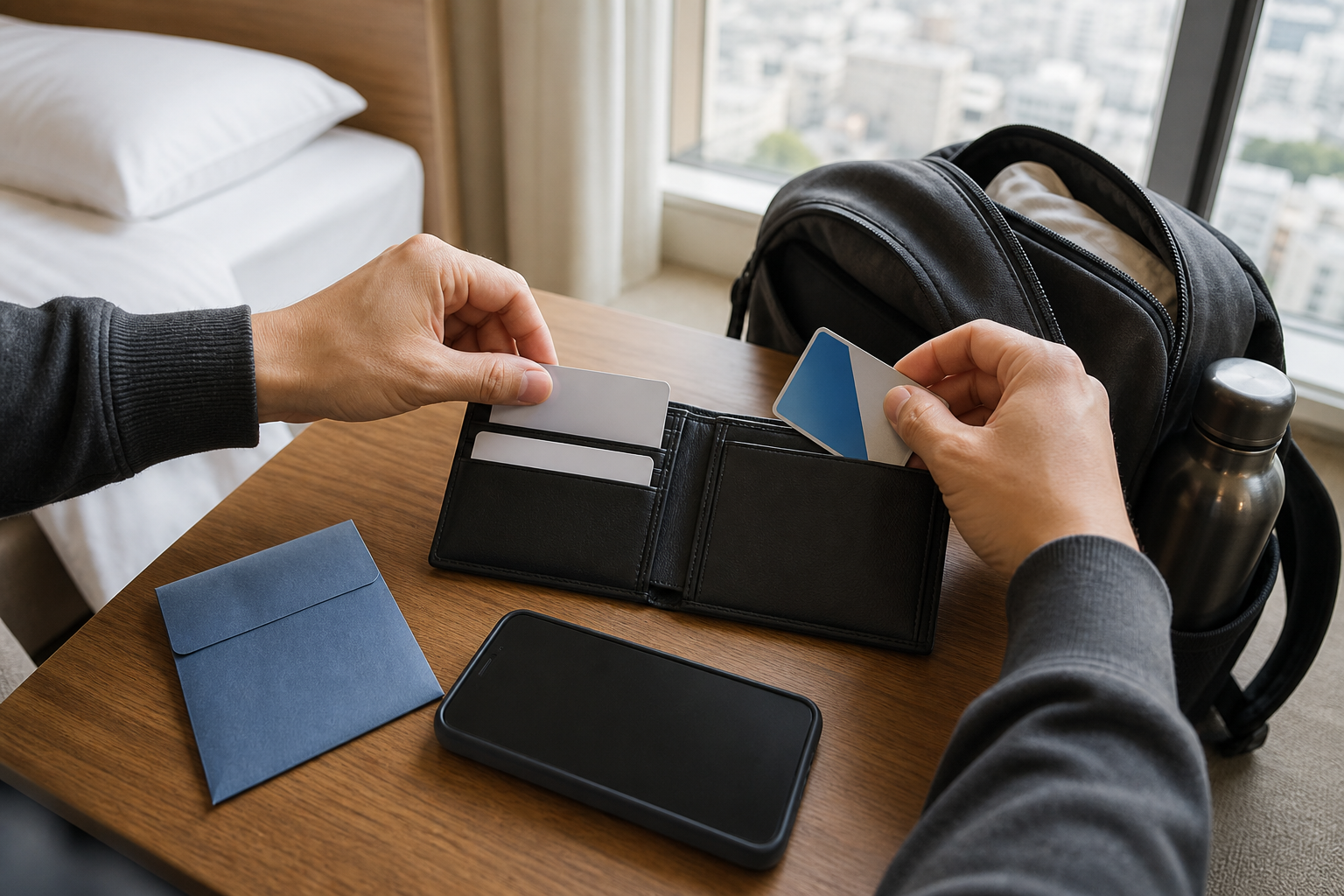 Traveler organizing two cards, an IC card and a cash envelope before leaving a hotel in Japan