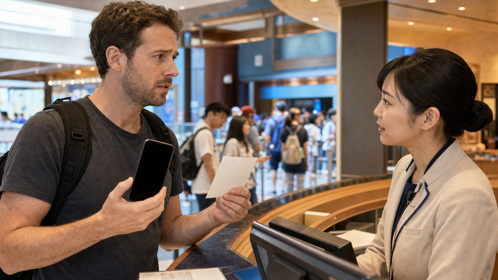A traveler with a dead phone and paper ticket asking a service attendant for help