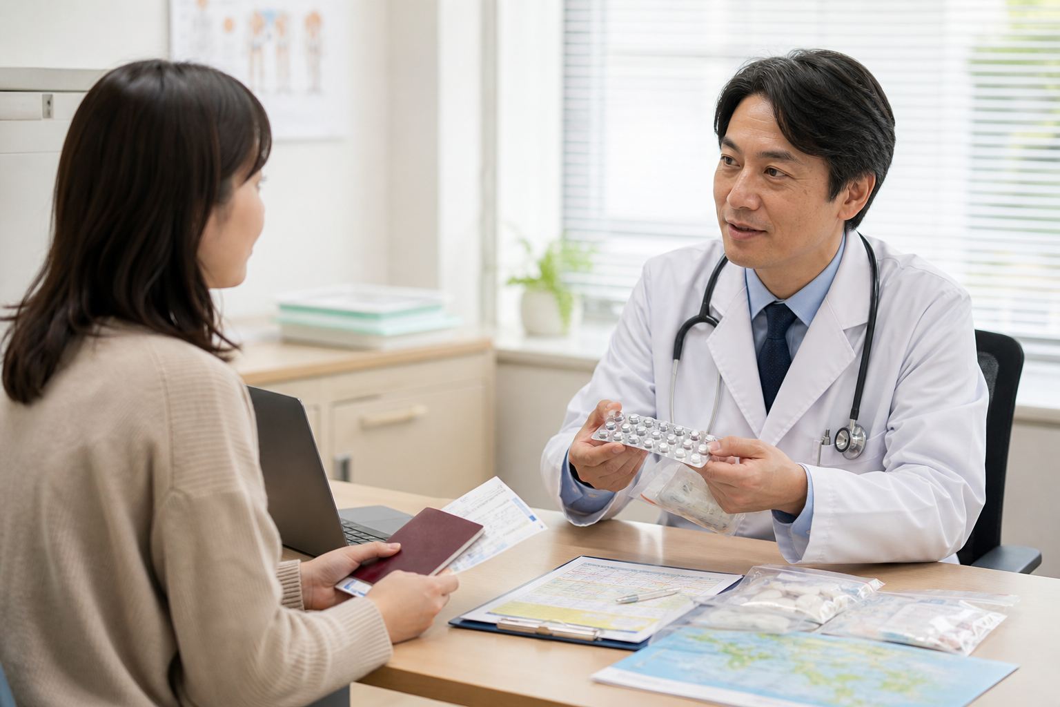 A traveler discusses medicine and a Japan travel plan with a healthcare professional