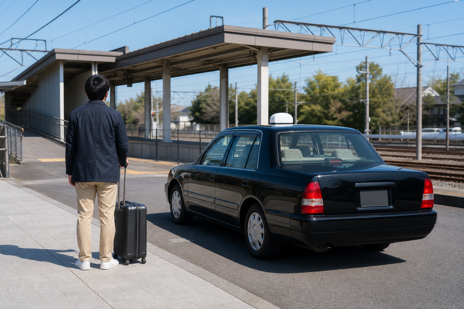 Traveler with a suitcase safely choosing between a Japanese railway station and a waiting unbranded taxi