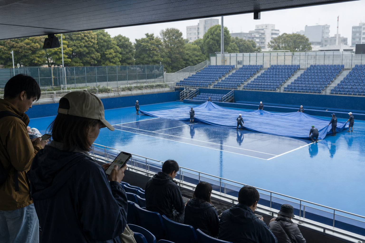 Covered blue tennis court during a rain delay with spectators checking updates