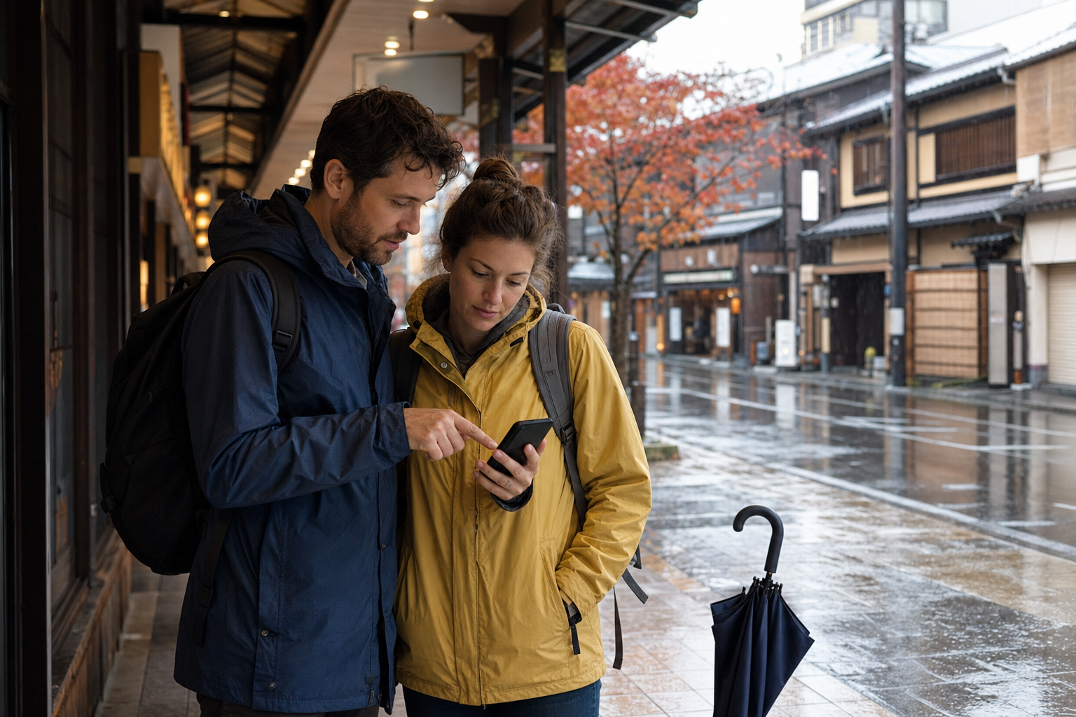 Travelers in raincoats checking a blank phone from a sheltered Kyoto arcade