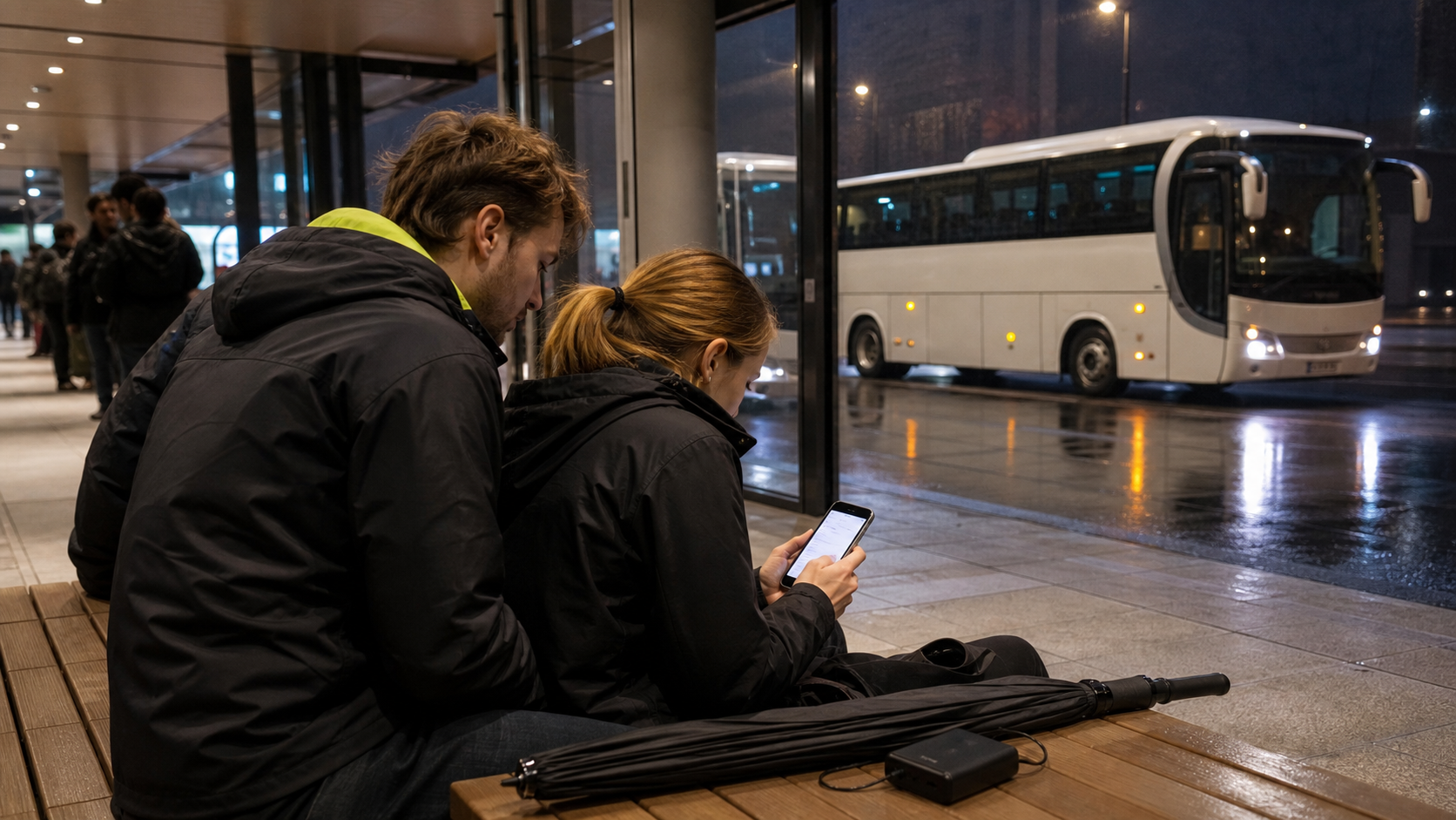 Illustrative race fans reviewing a return route inside a station during light rain