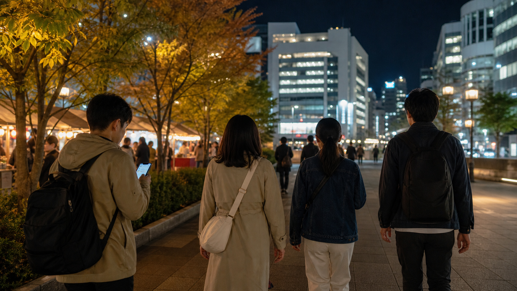 Illustrative travelers leaving a night market avenue and checking a route toward the city
