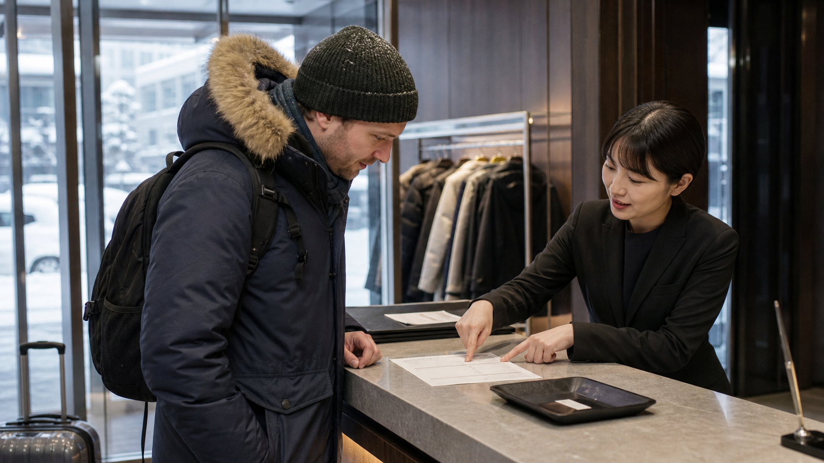A winter traveler confirms two lodging-charge lines at a Sapporo hotel reception