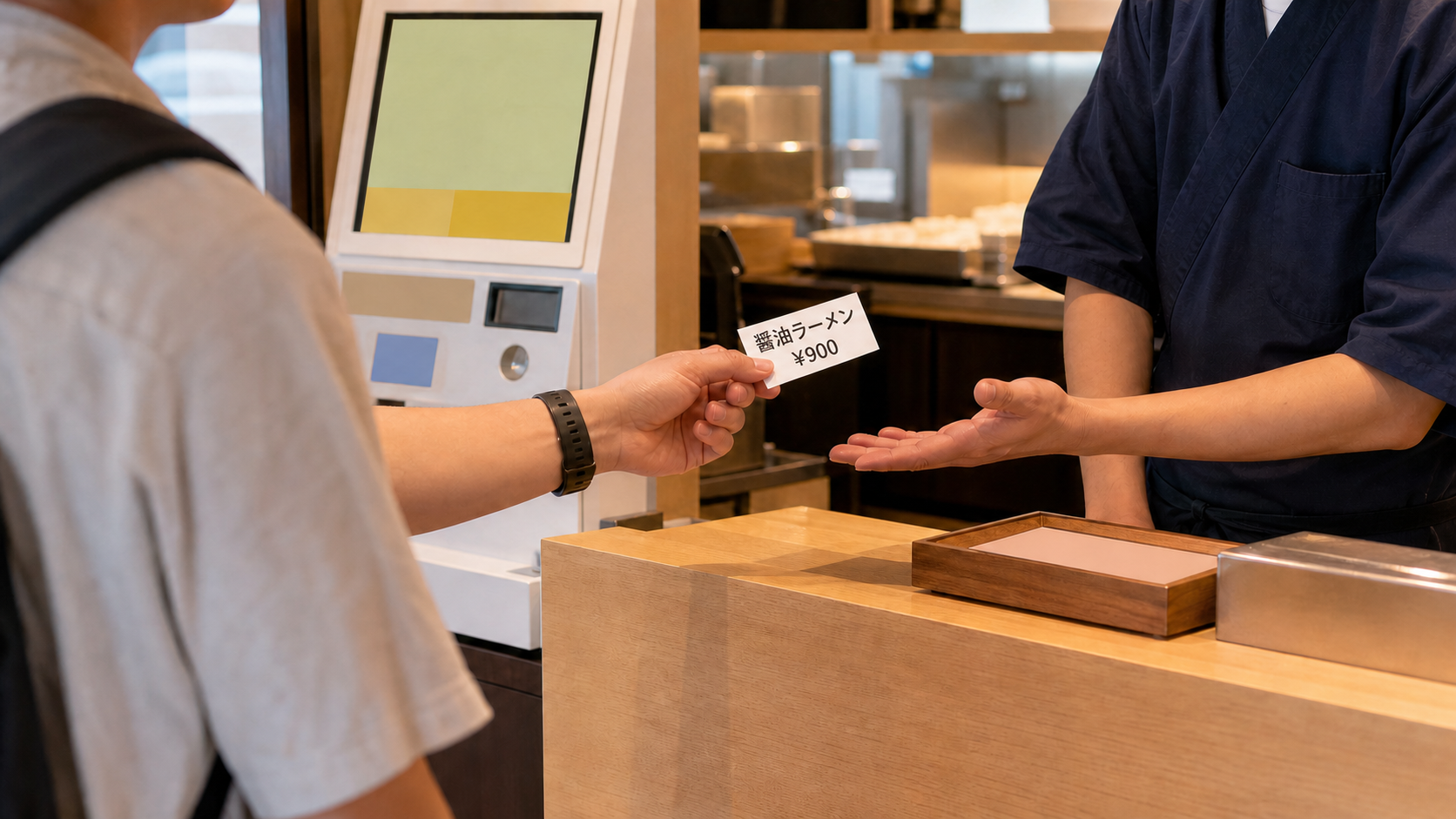 Traveler showing a 900-yen soy sauce ramen ticket to restaurant counter staff