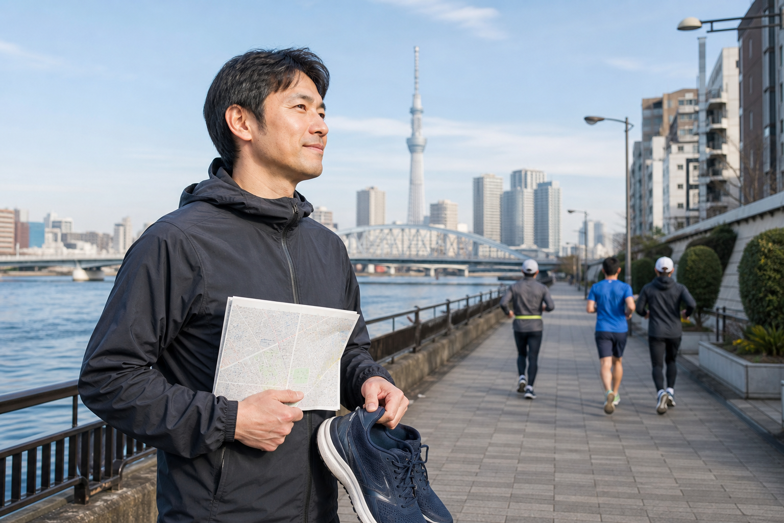 Traveler planning a Tokyo spectator alternative beside the Sumida River