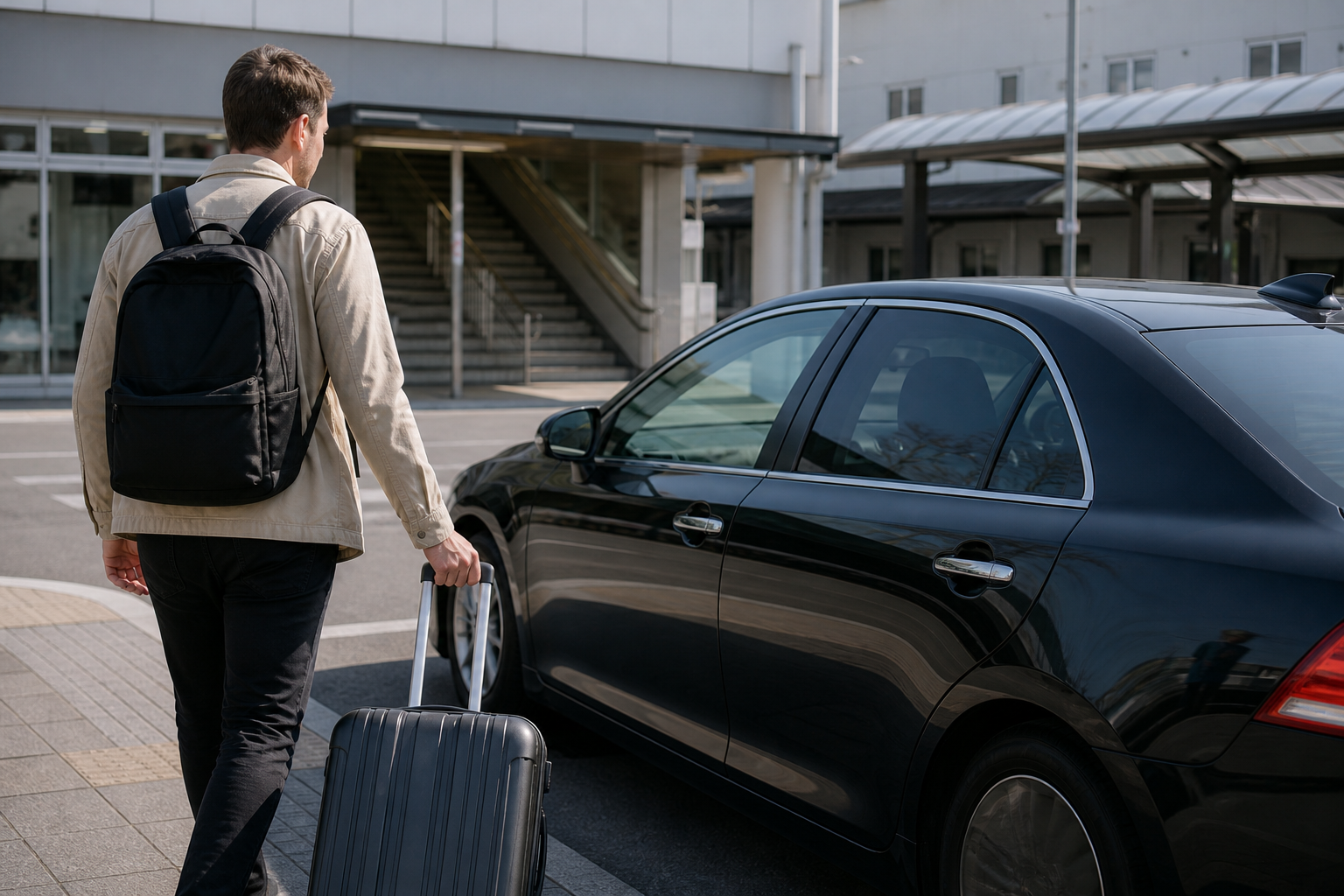 Traveler with luggage using a taxi-area Plan B outside a Japanese station