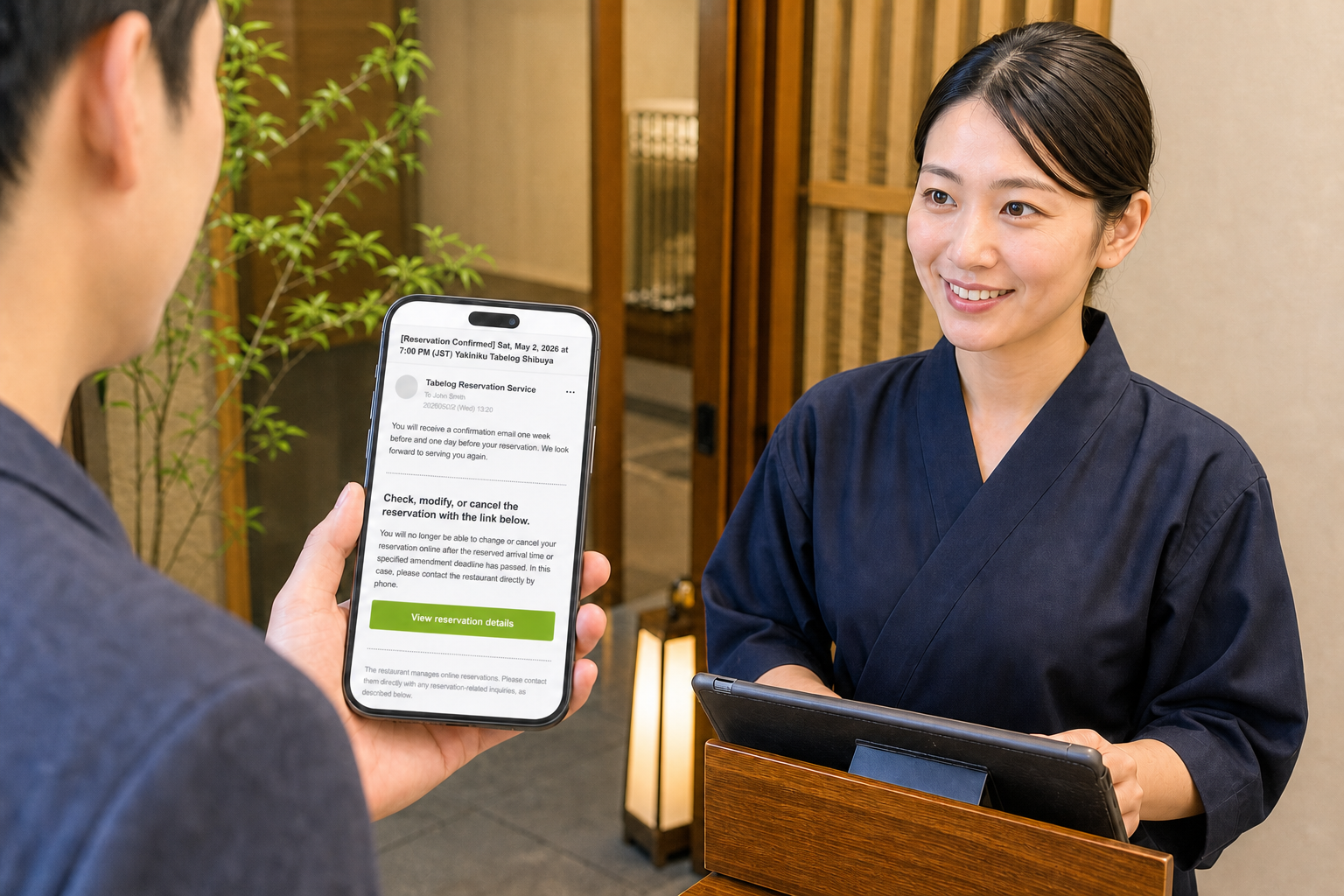 Diner presenting the Tabelog reservation-confirmation email at a Japanese restaurant