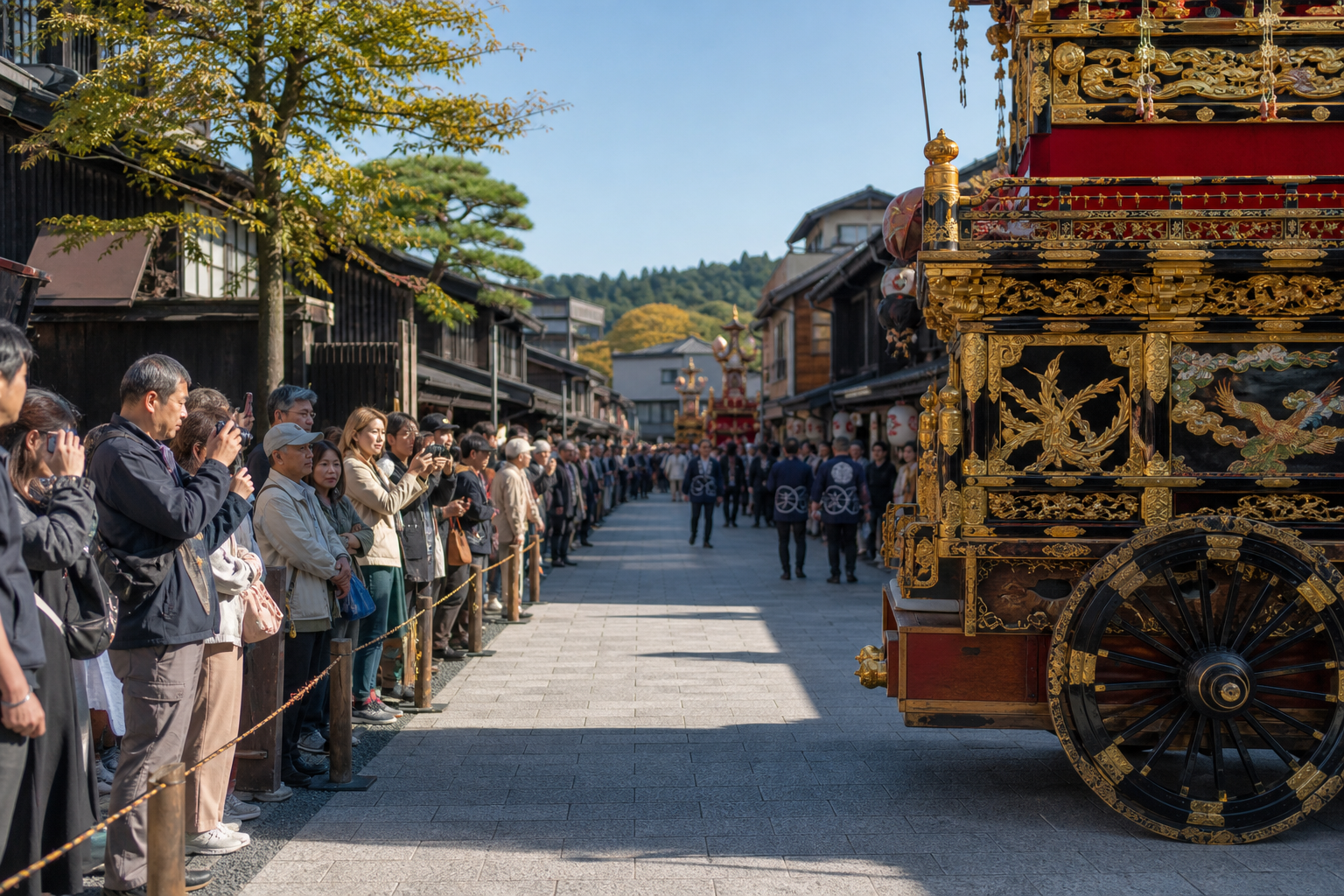 Visitors watching a Takayama festival float while keeping the route clear