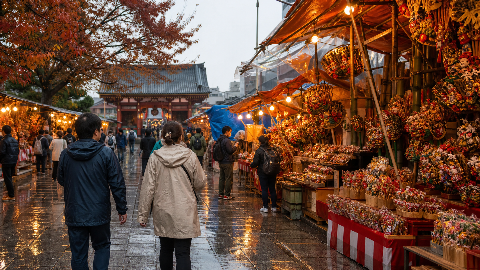 Rain-jacketed visitors walking beside illuminated kumade stalls