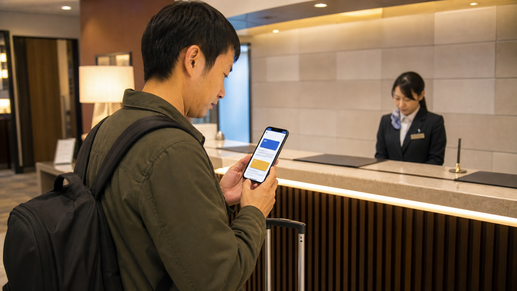 Traveler comparing a pre-booked hotel with a staffed indoor waiting option on a phone