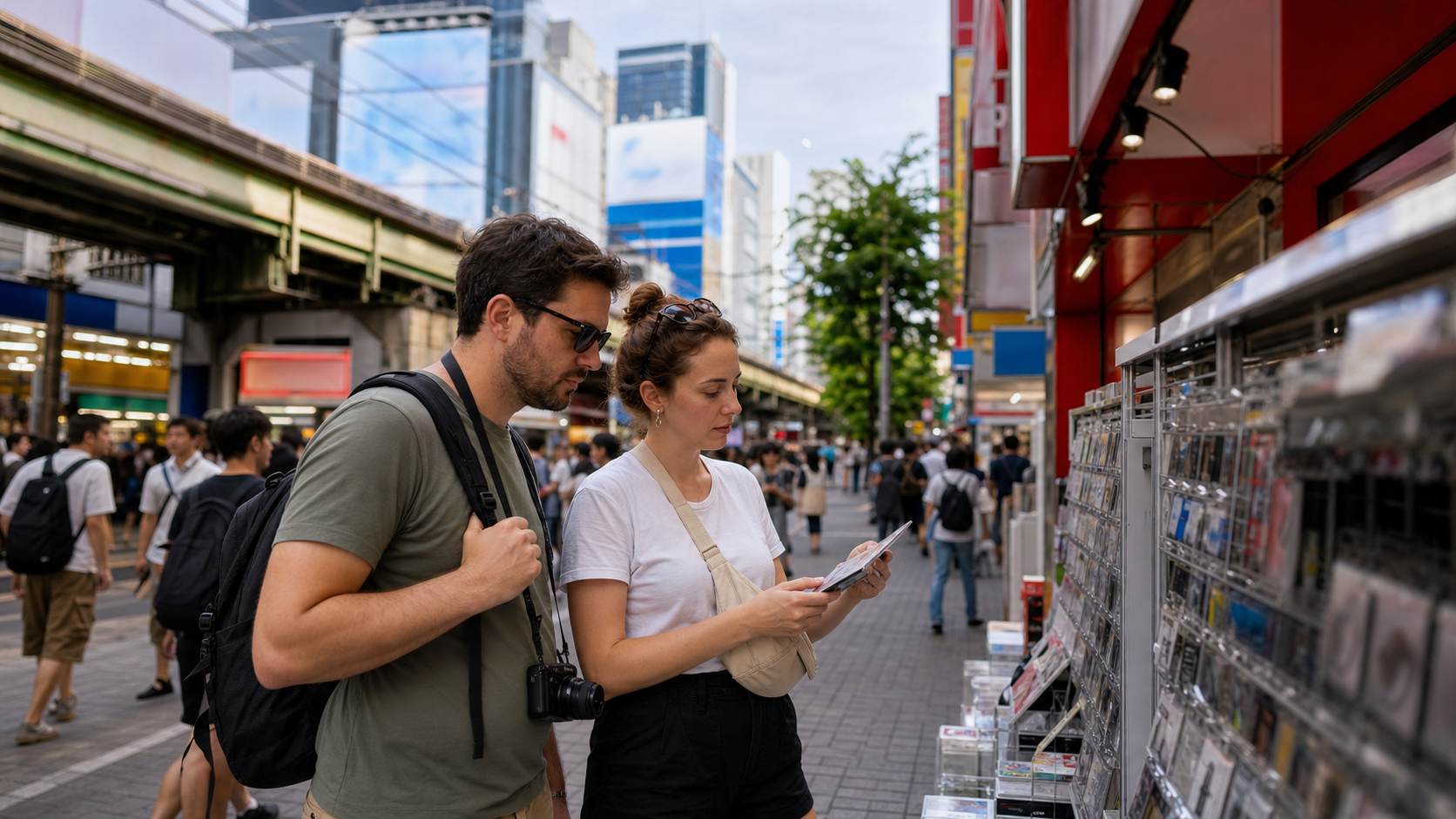 Two travelers browse an Akihabara shopping street as an alternative afternoon plan