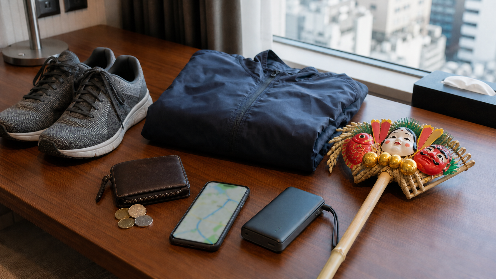 Walking shoes, rain jacket, wallet, phone, charger and small kumade on a hotel desk