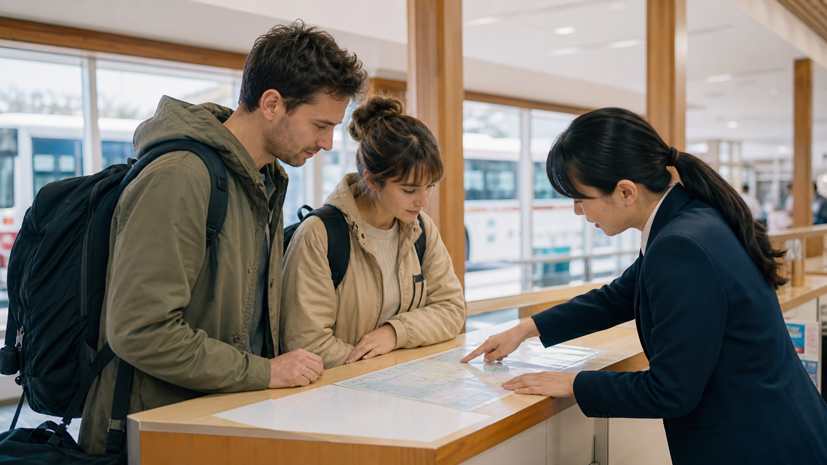 Travelers checking a backup route at a Japanese bus terminal information counter