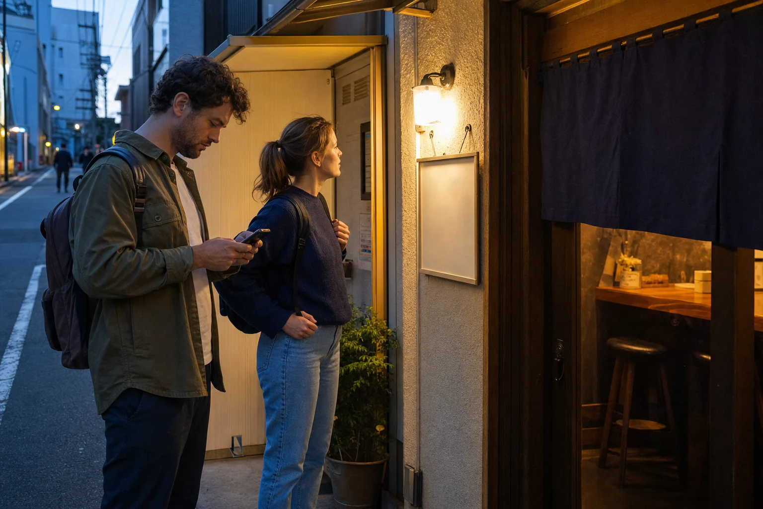 Travelers checking a Tokyo restaurant entrance before dinner