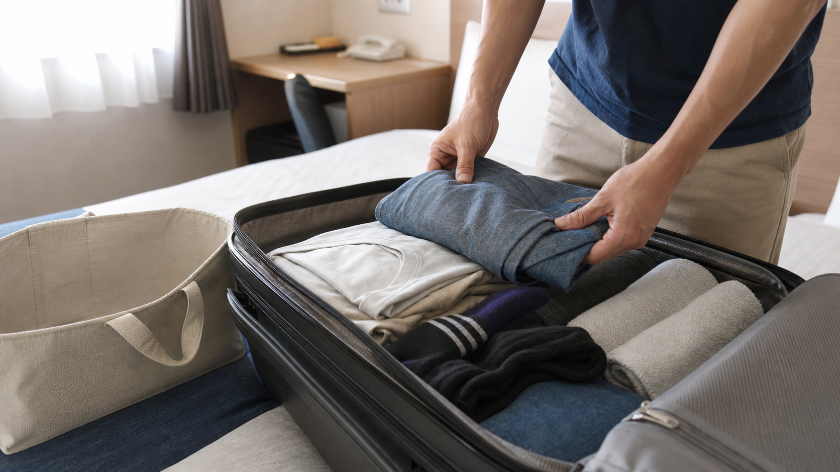 Dry folded travel clothes being packed into an open suitcase
