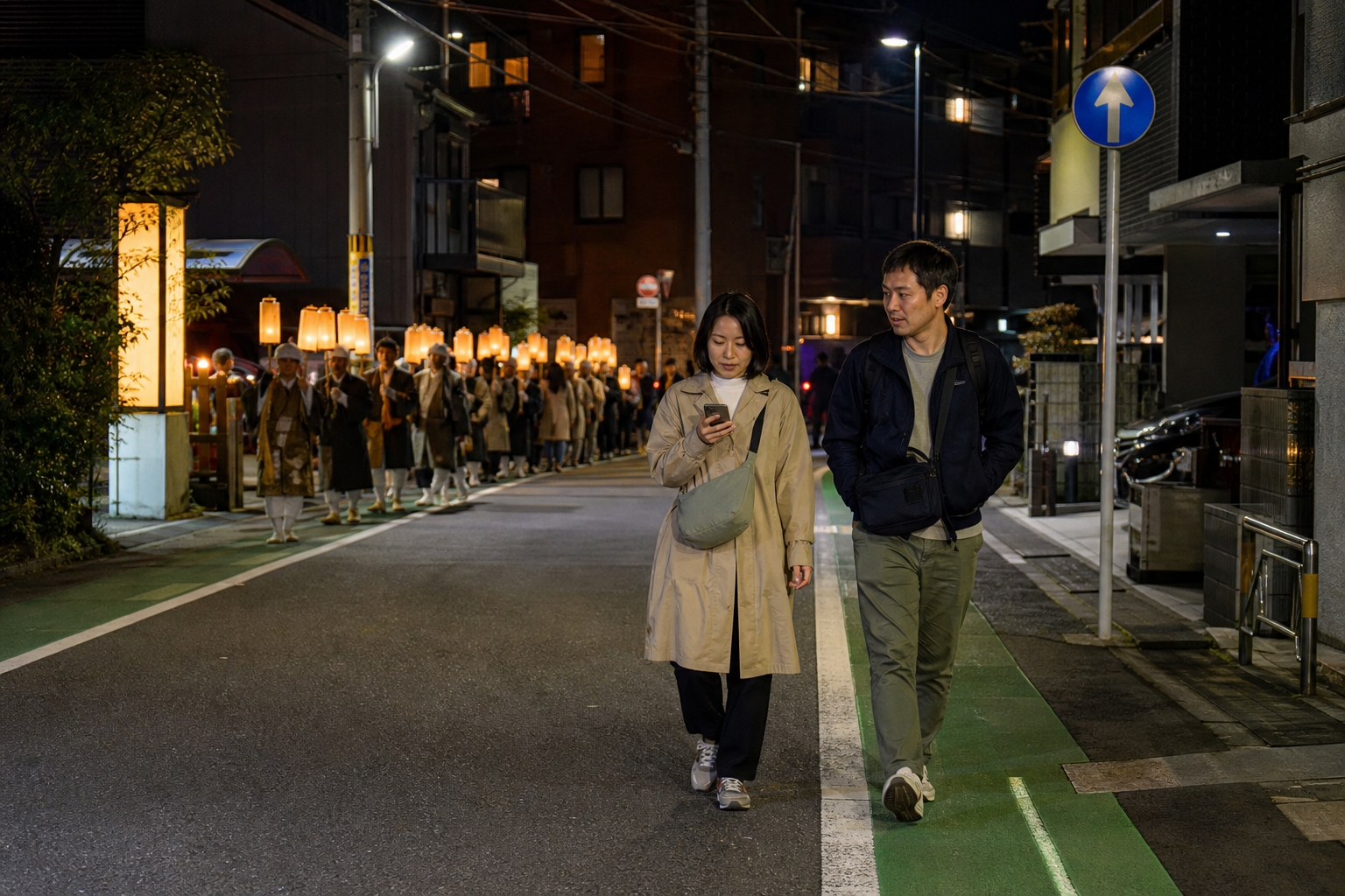 Visitors leaving an evening lantern festival before the final crowd wave