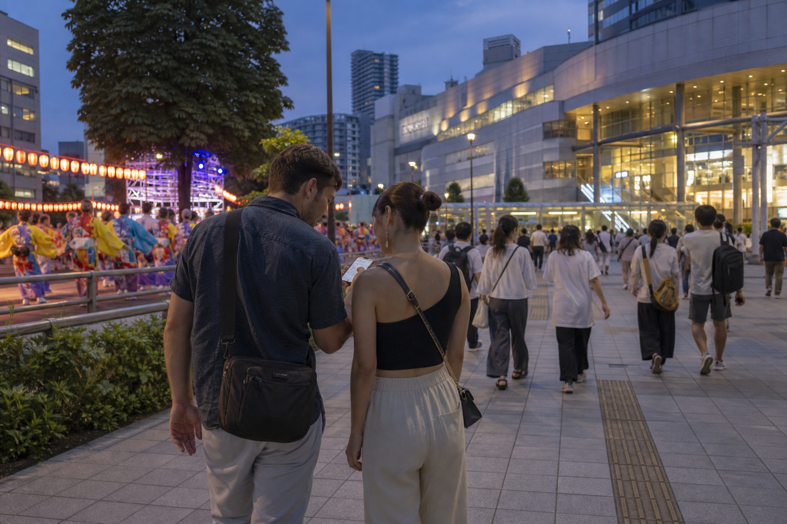 Travelers leaving a fictional Tokyo dance festival toward a railway station at dusk
