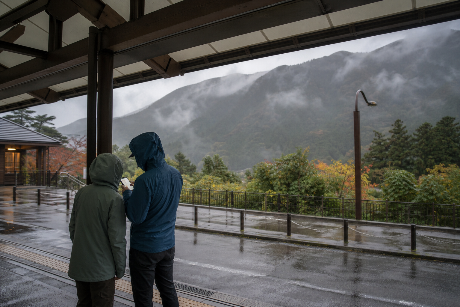 Travelers under shelter checking a phone during rain in mountain Hakone