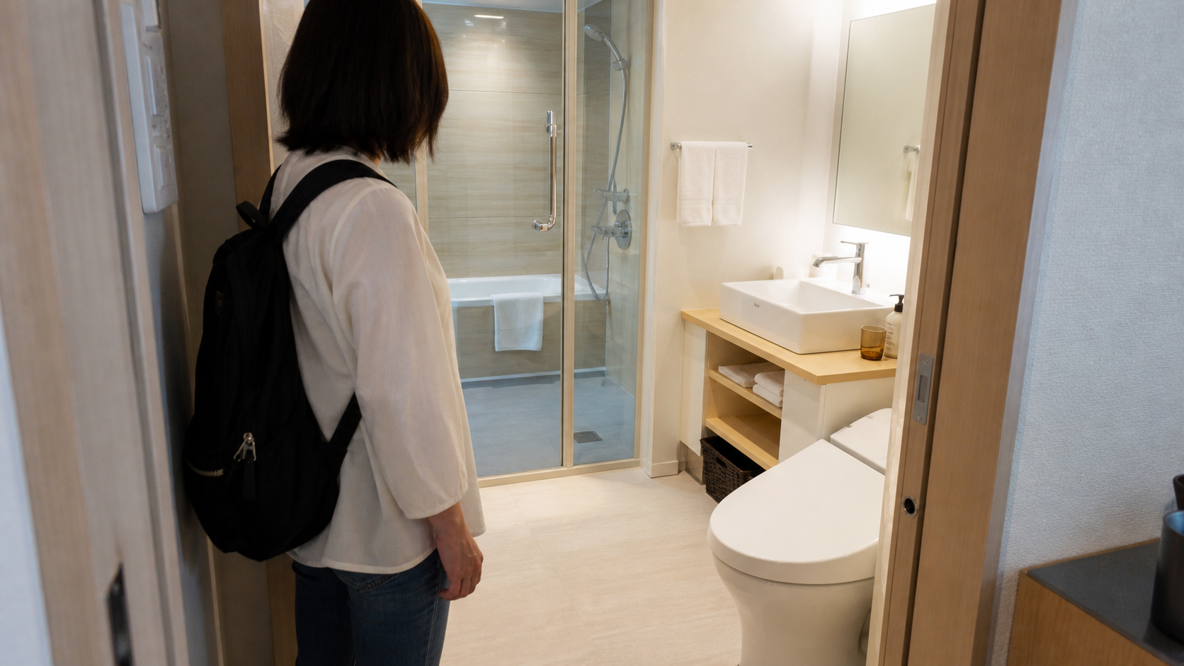 Traveler checking the layout of a bright compact Japanese hotel bathroom with separated fixtures