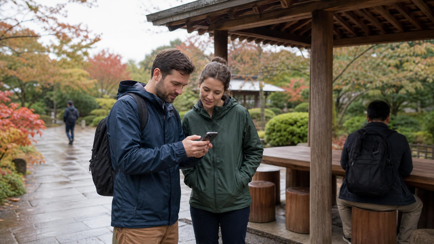 Travelers checking event information during light rain in a Tokyo park