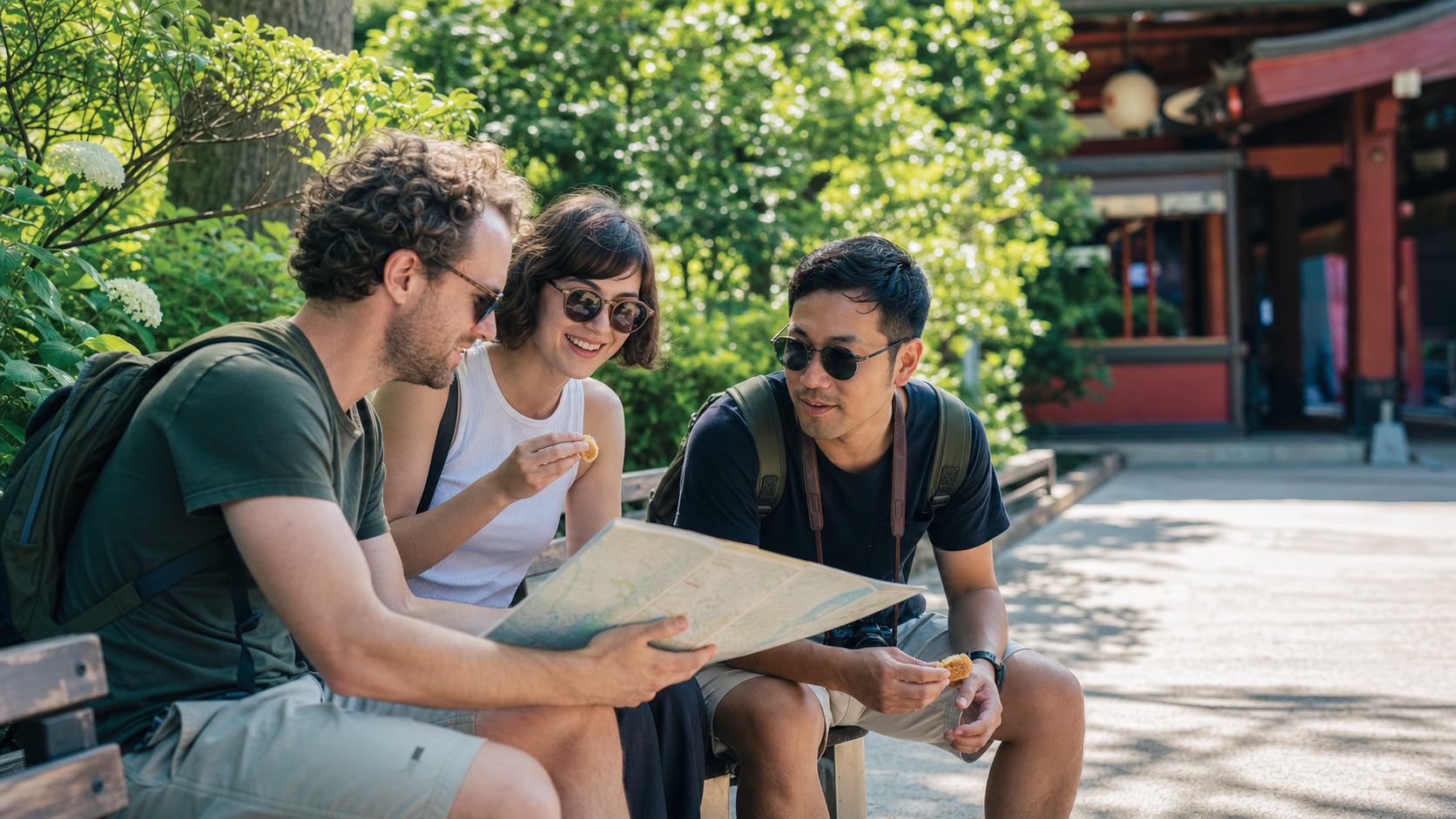 Travelers reviewing a revised daytime theme park plan in a shaded rest area