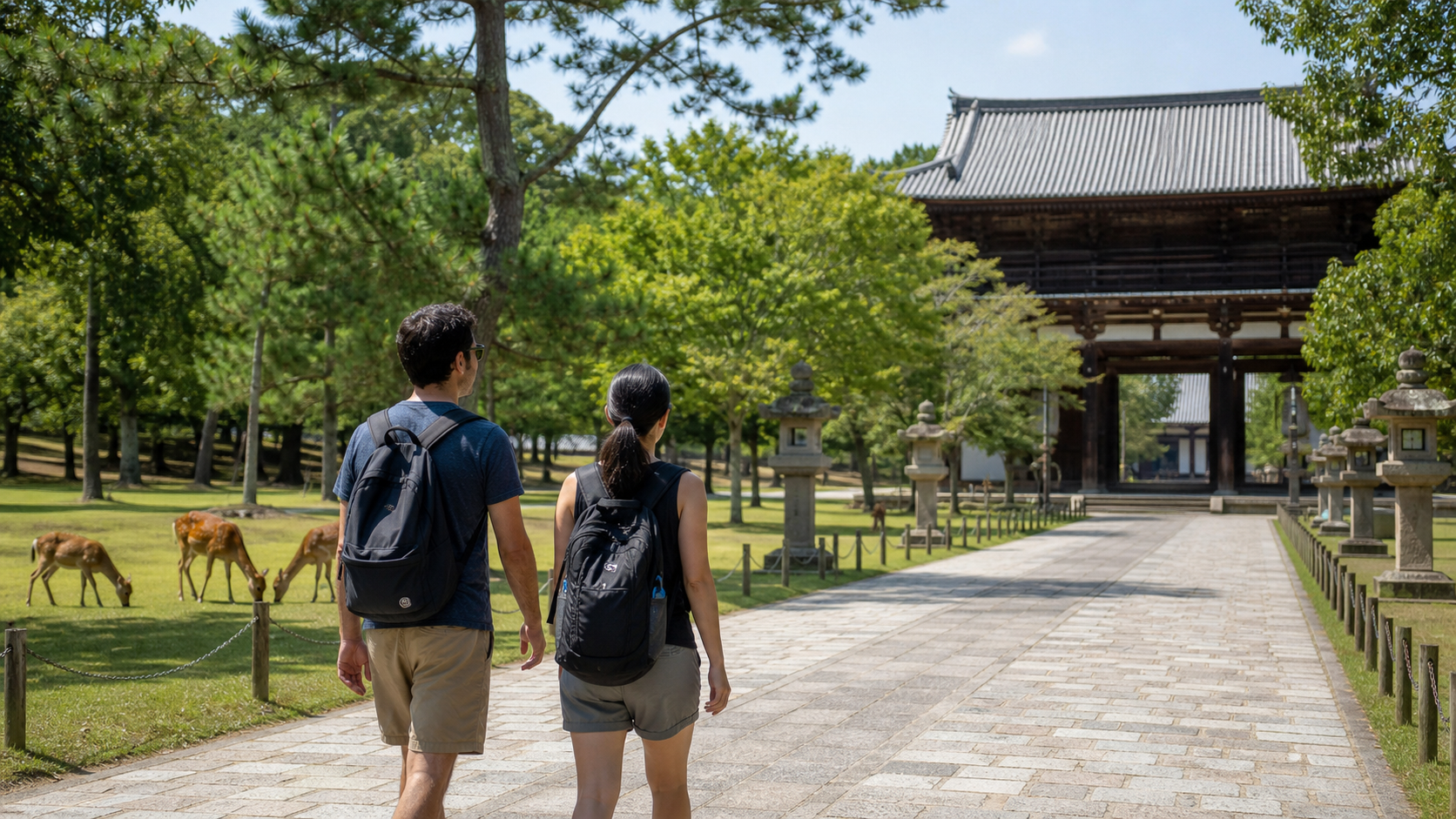 Visitors enjoy a walk through Nara Park without feeding the grazing deer